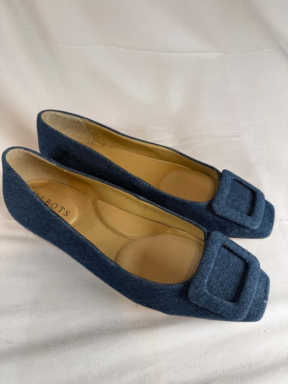 Talbots Womens Denim Buckle Ballet Flats Size 6.5M Blue Square Toe Slip-On Shoes